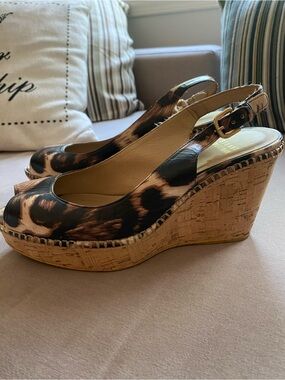 Stuart Weitzman Leopard Print Cork Wedge Slingbacks - Brown Black